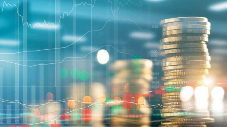 Graphic of coins, charts
