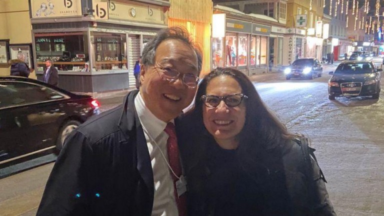 Reuters Wealth Management Editor Lauren Young and Yo-Yo Ma at the World Economic Forum in Davos, Switzerland, January 21, 2020.