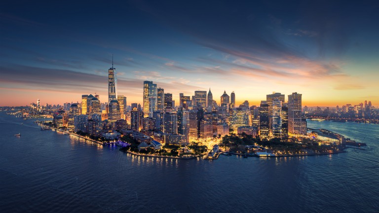 New York City panorama skyline at sunrise. 