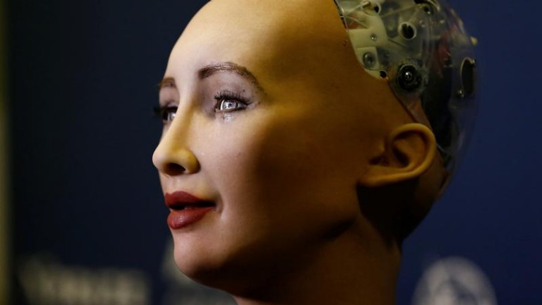 Sophia, a robot integrating the latest technologies and artificial intelligence developed by Hanson Robotics is pictured during a presentation at the "AI for Good" Global Summit 