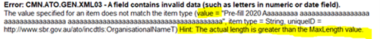 Error cmn.ato.gen.xml03 a field contains invalid data such as letters in numeric or date field.