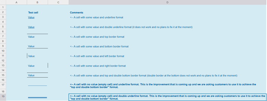 Spreadsheet shows an empty cell that's single underlined. and an empty cell that's double underlined.