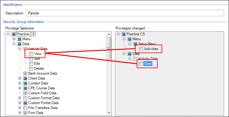 Example of disabled privileges for viewing activity data