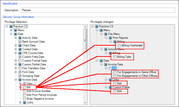 Example of disabled privileges for billing invoice data