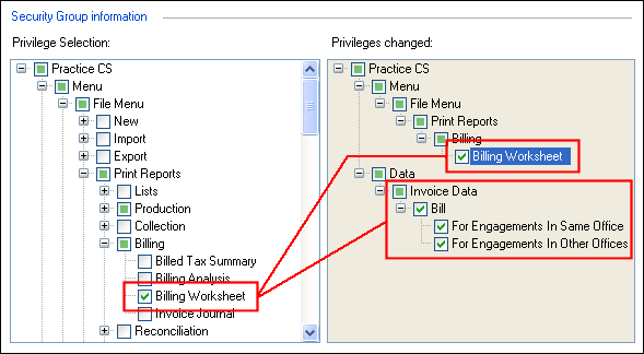 Example of enabled Billing Worksheet report privileges
