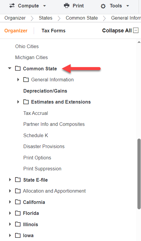 Common State screens in Organizer