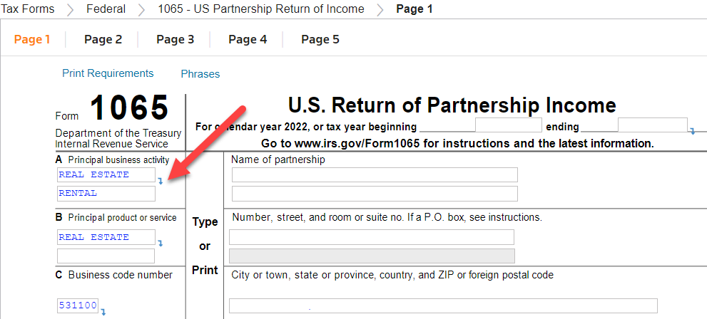 This image highlights a sample drill-down arrow on Form 1065, Page 1.