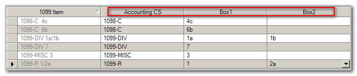 A table with 4 columns: 1099 Item, Accounting CS, Box 1, and Box 2. The last 3  of these columns is highlighed.  There are  6 rows with entries showing how 1099 items are mapped. 