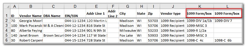  Excel spreadsheet with columns A to L as follows: ID, Vendor Name, DBA Name, EIN/SSN, Addr Line 1, Addr Line 2, City, State, Zip, Vendor type, 1099 Form/box, 1099 Form/box. The last two columns, both headed 1099 Form/box are shown highlighted.