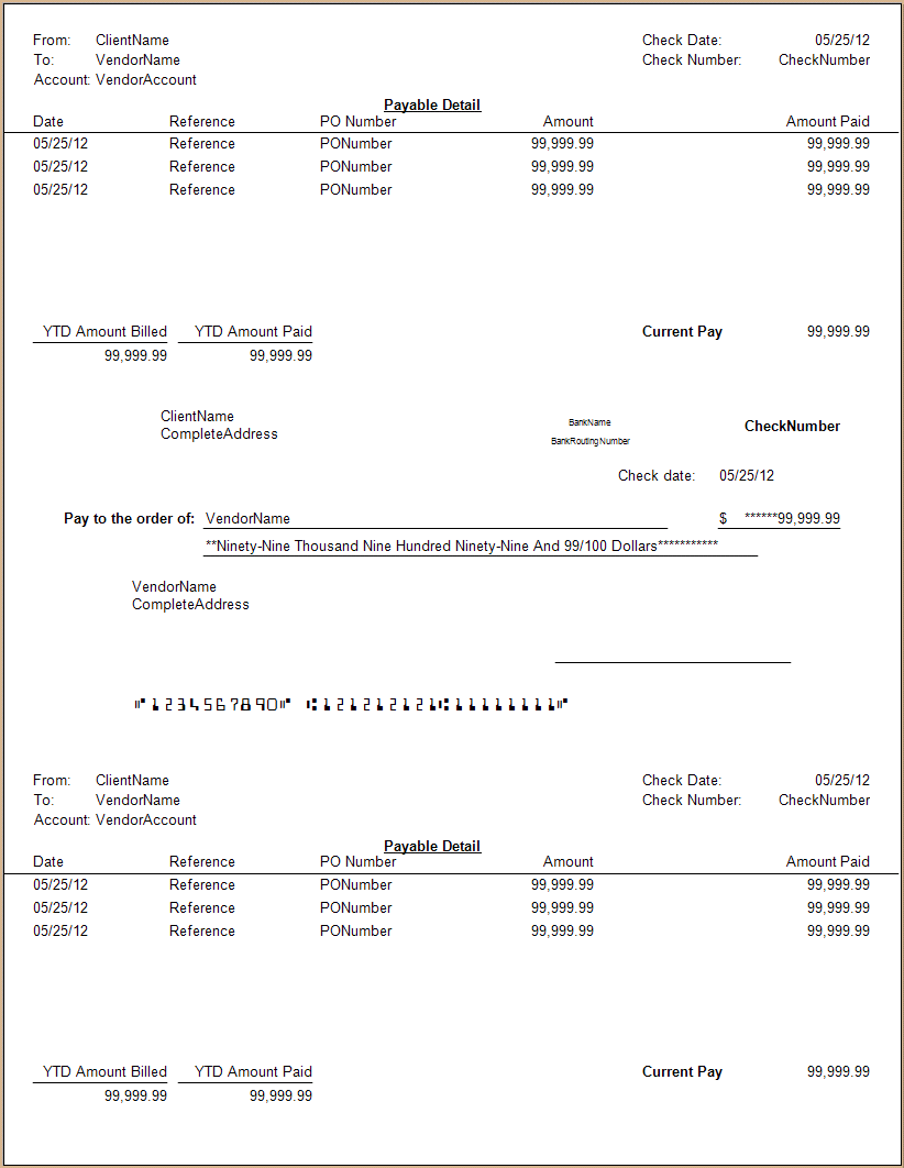 Forms CS 135L & 800LC Middle Check Detail Payables MICR Dup Stubs