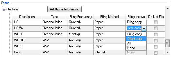 Forms Section showing detail for Indiana. Detail in a grid with 6 columns. The fifth column is Filing Instructions and shows the selection of Client copy in a dropdown list for the second row.