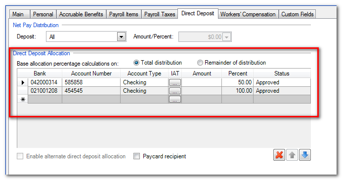 Employee screen with Direct Deposit tab active. Three are 2 sections: Net Pay Distribution, then Direct Deposit Allocation. In the first section, the Deposit field is set to All and the Amount/Percent field is inactive. In the second section, Total distribution has been selected. There's a grid with 7 columns: Bank, Account Number, Account Type, IAT, Amount, Percent, and Status. In this example there are 2 rows in the grid. Each row is for a Checking Account Type, but the Bank and Account Number are different for each row.