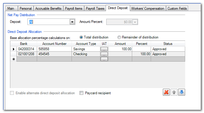 Employee screen with Direct Deposit tab active. Three are 2 sections: Net Pay Distribution, then Direct Deposit Allocation. In the first section, the Deposit field is set to All and the Amount/Percent field is inactive. In the second section, Total distribution has been selected. There's a grid with 7 columns: Bank, Account Number, Account Type, IAT, Amount, Percent, and Status. In this example there are 2 rows in the grid. The first row has Savings as the Account Type and 100.00 as the Amount. The second row has Checking as the Account Type and 100.00 as the Percent.