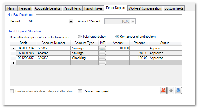 Employee screen with Direct Deposit tab active. Three are 2 sections: Net Pay Distribution, then Direct Deposit Allocation. In the first section, the Deposit field is set to All and the Amount/Percent field is inactive. In the second section, Remainder of distribution is selected. There's a grid with 7 columns: Bank, Account Number, Account Type, IAT, Amount, Percent, and Status. In this example there are 3 rows in the grid. The first has Savings as the Account Type and 100.00 as the Amount. The second row has Savings as the Account Type and 50.00 as the Percent. The third row has Savings as the Account Type and 100.00 as the Percent.