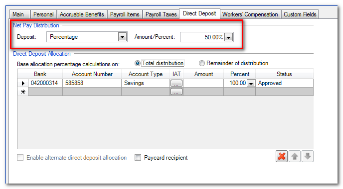 Employee screen with Direct Deposit tab active. Three are 2 sections: Net Pay Distribution, then Direct Deposit Allocation. In the first section, the Deposit field is set to Percentage and the Amount/Percent field is set to 50.00%. In the second section, Total distribution is selected. There's also a grid with 7 columns: Bank, Account Number, Account Type, IAT, Amount, Percent, and Status. In this example there is 1 row in the grid. It has Savings as the Account Type and 100.00 as the Percent.