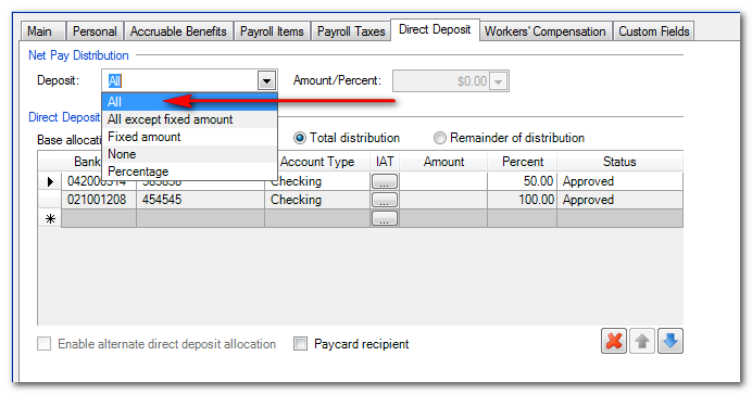 Employee screen with Direct Deposit tab active. Three are 2 sections: Net Pay Distribution, then Direct Deposit Allocation. In the first section, the Deposit dropdown list has been selected to reveal the options: All, All except fixed amount, Fixed amount, None, Percentage.