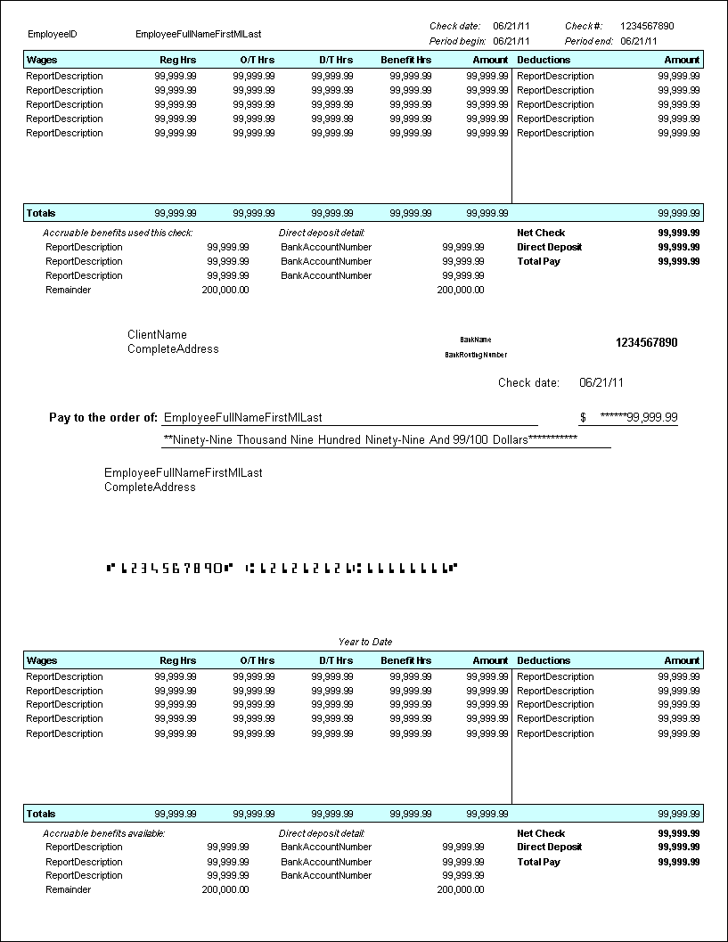 Forms CS 136L Two Column Middle Check Detail Hrs MICR Direct Deposit