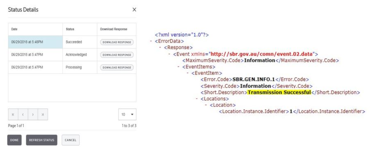 XML code showing <Short_Description> Transmission Successful </Short_Description>.