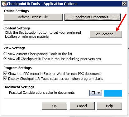 Set location button highlighted in the Checkpoint Tools application options screen