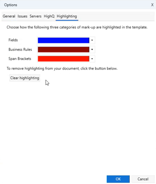 Clear highlighting option in the Highlighting tab..