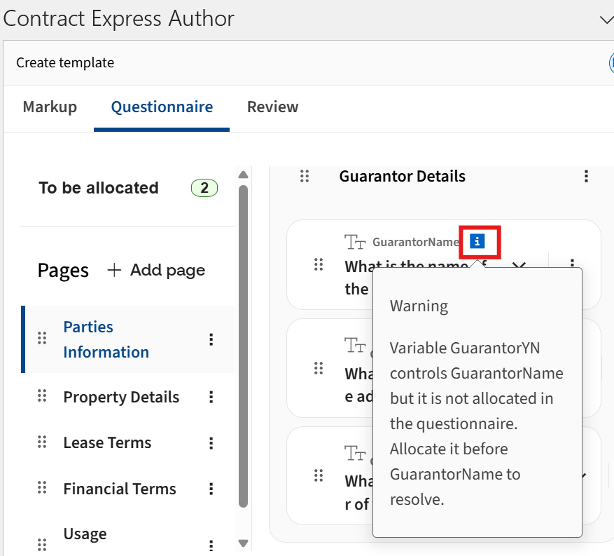 Issue indicator highlighting issues in the Questionnaire.