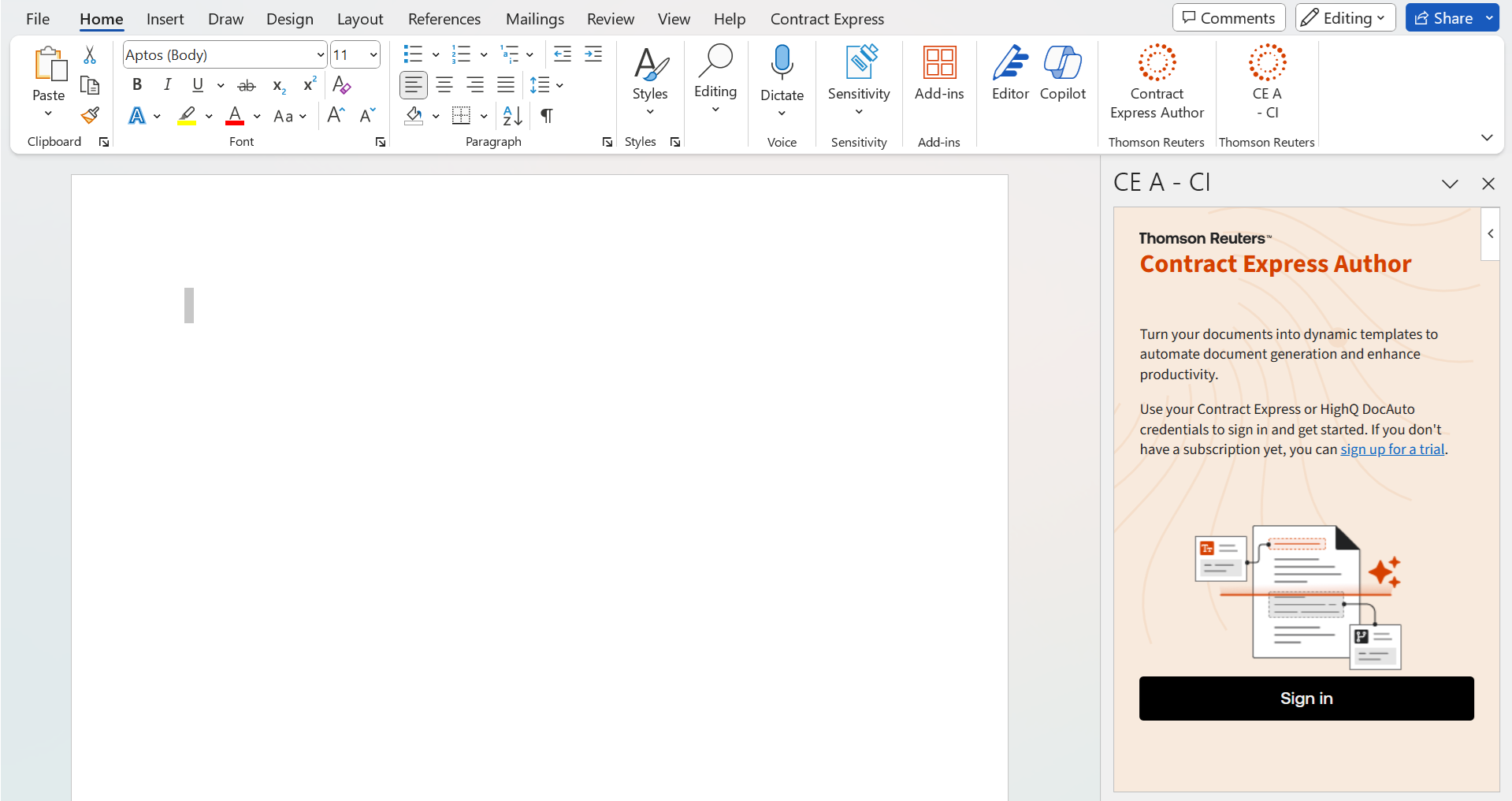 Contract Express task pane to further access the add-in.