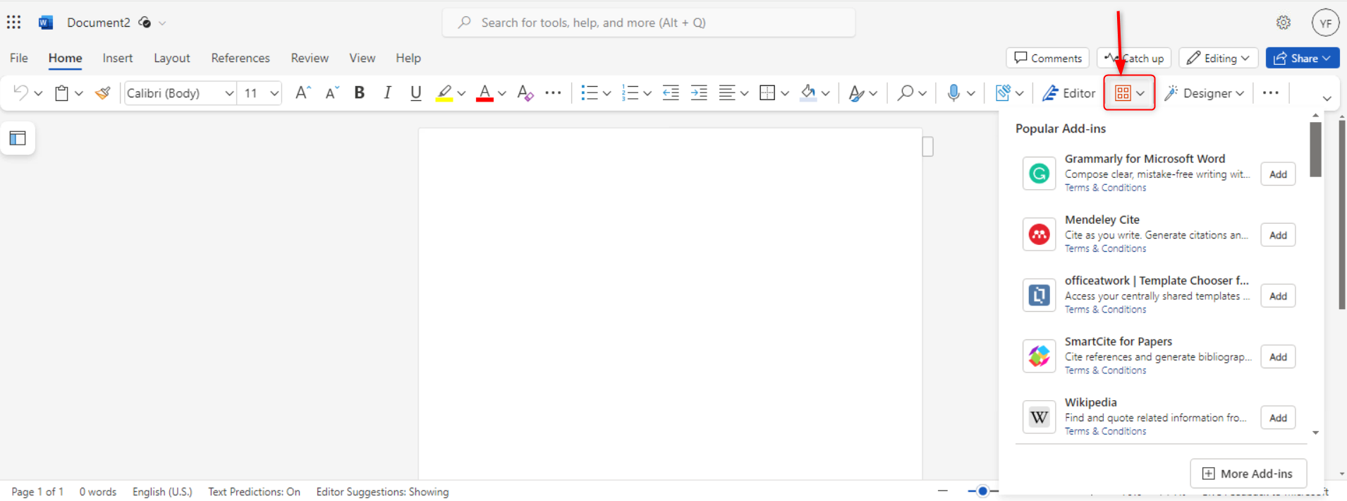 Add-ins button in Microsoft Word.