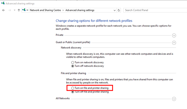 File and printer sharing option in word advanced settings.
