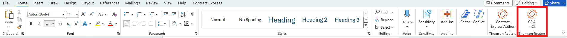 Contract Express add-in on the home page.