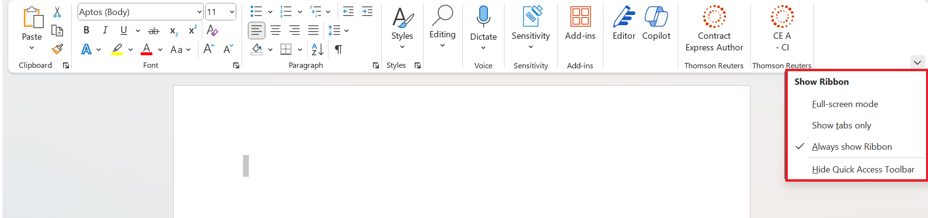 Show Ribbon option in Word.