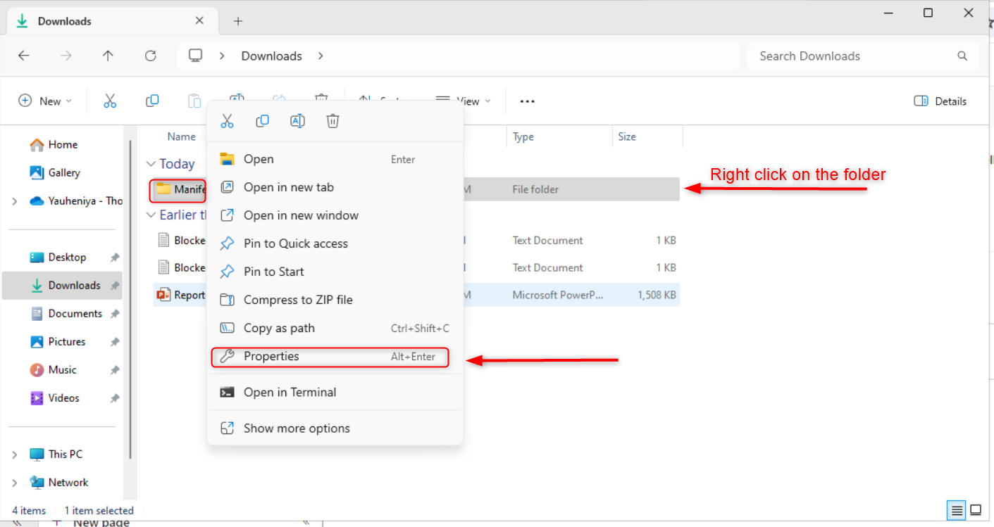 Right click on the manifest folder to access properties.