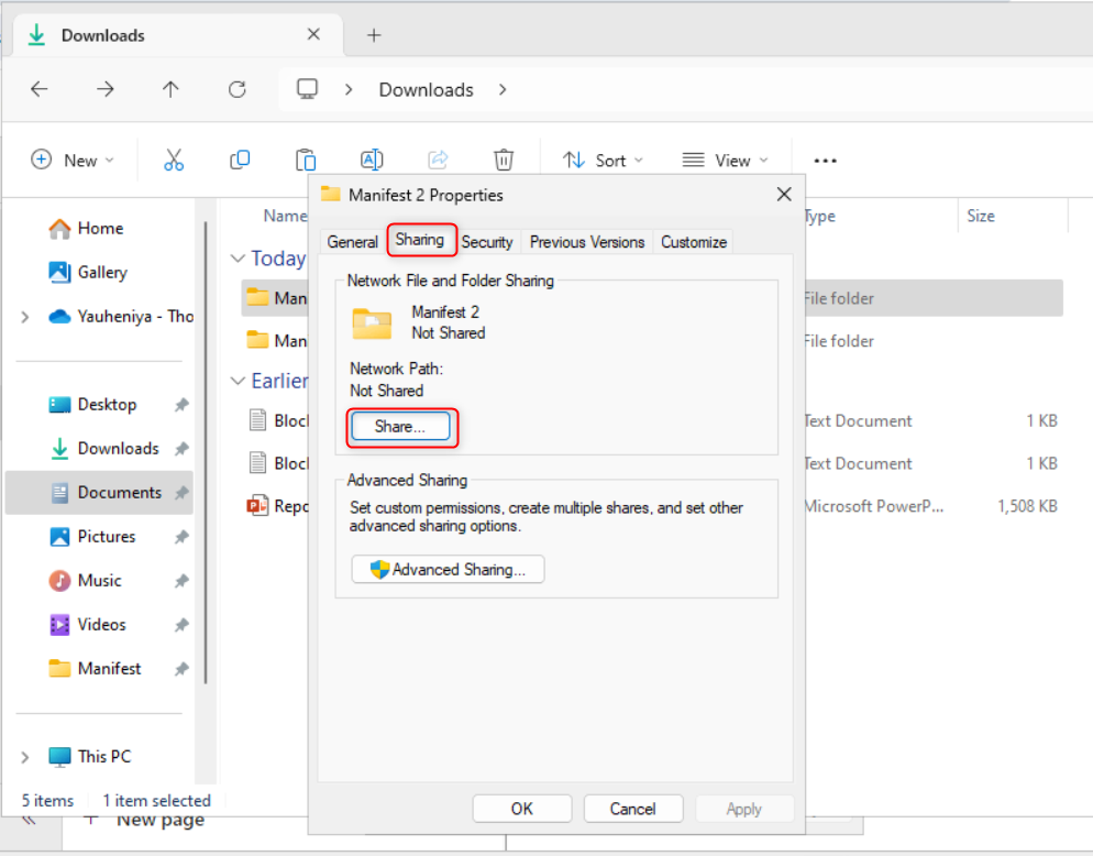 Sharing tab in the folder properties.