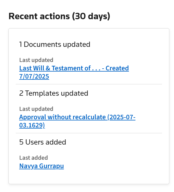 Recent actions widget.