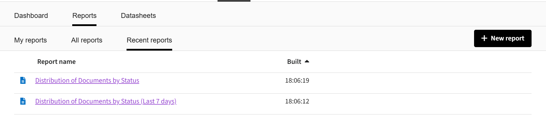 Viewing recent reports tab in Analytics section.
