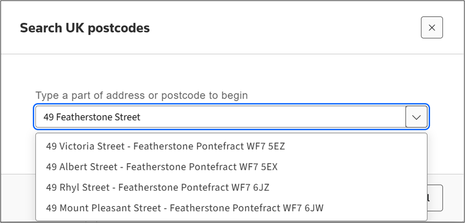 Partial address/ Postcode search results.