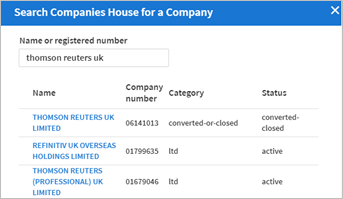 Companies House search results.