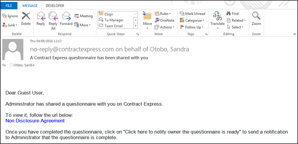 invitation email received by the recipient to access shared questionnaire.