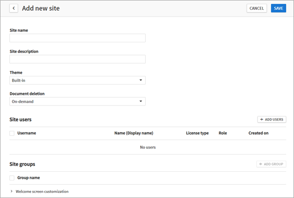 Site configuration screen.