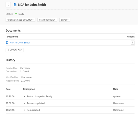 History section on document details.