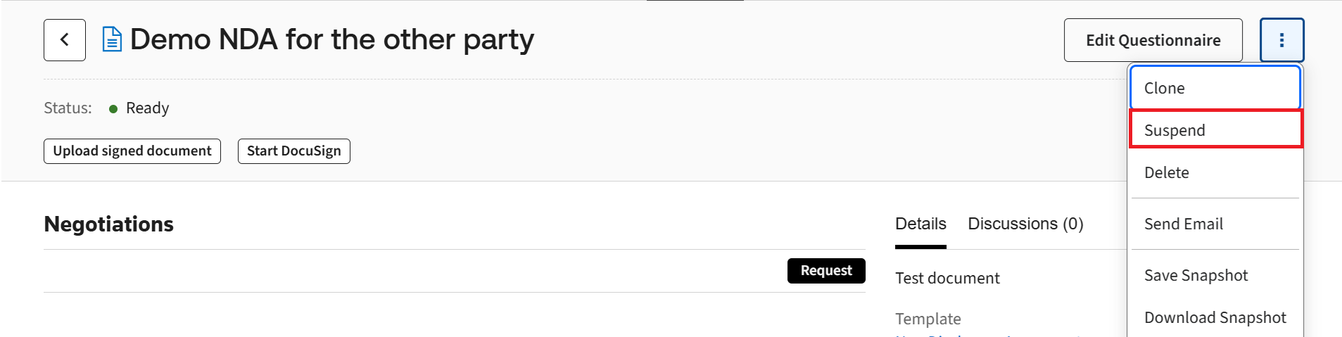 Suspending a document from the document details page.
