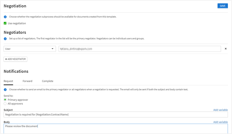 Configuring negotiation for a template.
