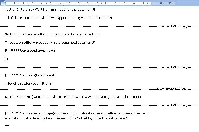 Template viewed in outline view in Word to check section breaks.
