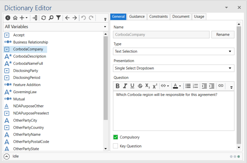 Dictionary Editor page displaying attributes.