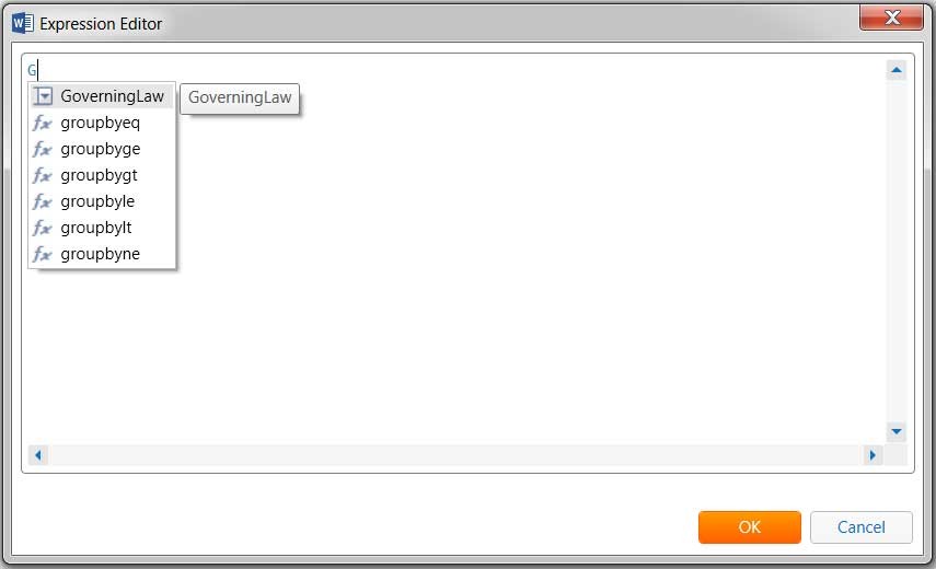 Expression editor window adding functions starting with G