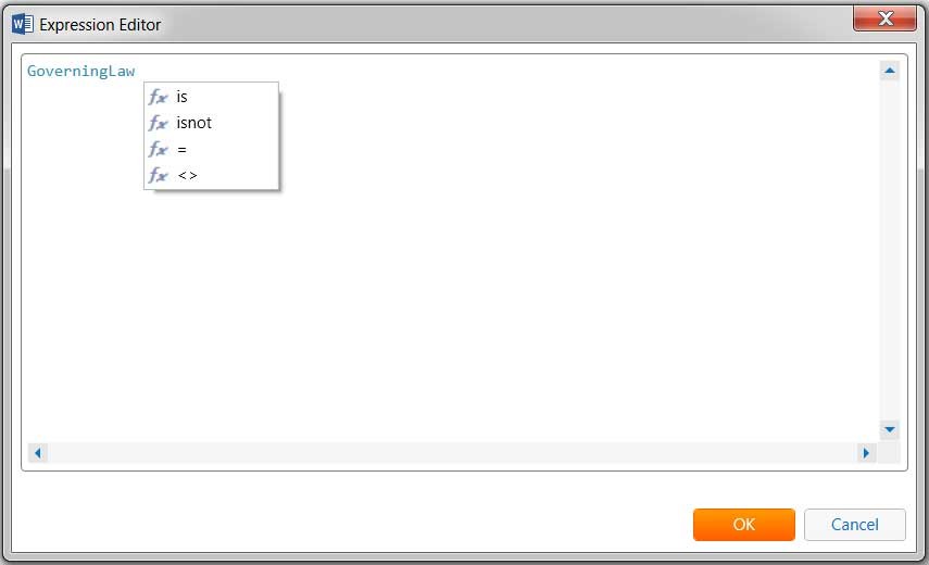 Expression editor suggesting operators applicable to text selection variables