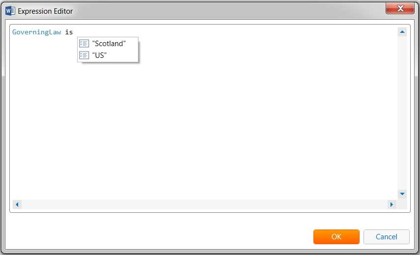 Expression editor suggesting text selections after operator is added.