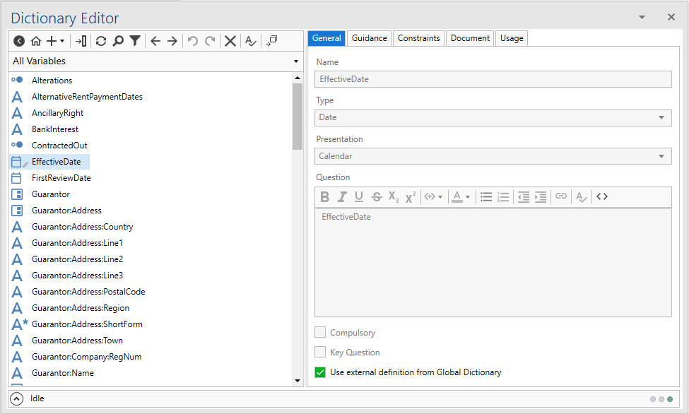 Option to check 'Use external definition from Global Dictionary'.