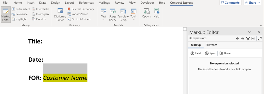 Inserting a field using markup editor