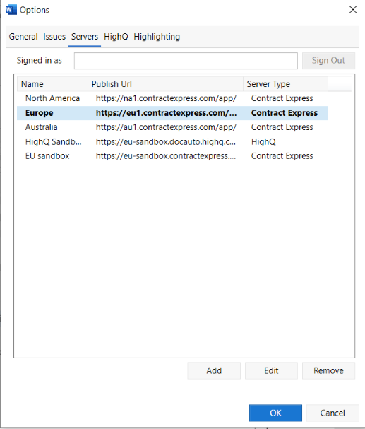 User Options Servers tab.