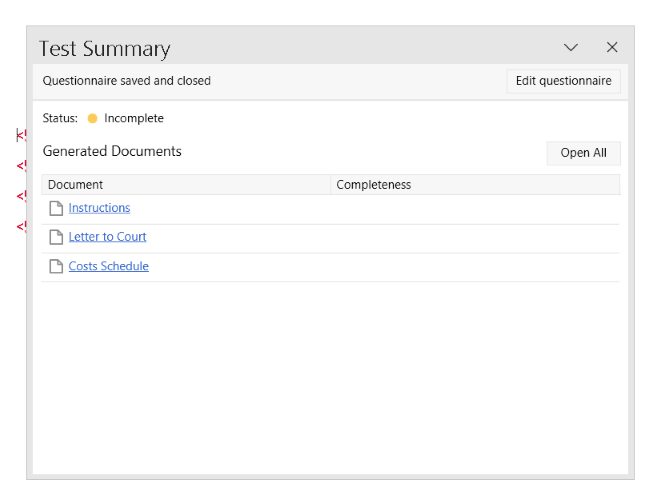 Test summary window.